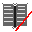 Six pixelated open book icons with red diagonal lines, arranged in two of three on a black background