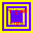 Four square display a sequence of nested yellow and purple frames with red text 'miguel' above 'frank', where the innermost frame changes from open to closed