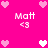 Pixelated pink background with white and light pink heart icons surrounding repeated text "Matt <3" in white pixel font.