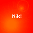 Red and orange gradient background with four identical white pixelated 'Nik!' texts in a , each text surrounded by faint circular light effects