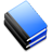 Pixelated blue and black object with gradient shading, featuring a striped pattern on one side, set against a gray background.