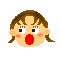 Pixelated cartoon girl face with brown hair, rosy cheeks, and four distinct mouth expressions on a gray background.