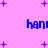 Purple background with scattered purple plus signs and blue text reading 'hani' in pixelated font.
