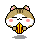 Pixel art hamster-like character with brown and white fur, pink cheeks, and striped yellow-and-red object held in front of its face.