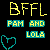 Pixelated yellow text 'BFFL' above teal blocks with 'FAM AND LOLA', and a cyan heart outline on black background.