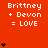 Red background with white text "Brittney + Devon = LOVE" and black heart symbols in varying quantities across three