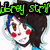 Pixelated cartoon character with dark hair and blue highlights, red cheeks, brown eyes, and a blue top, with text above changing color across frames.