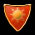 Six shield-shaped icons arranged in two , each with a golden border and distinct background colors featuring sun or flower symbols