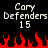 Pixelated text displays 'Cory Defenders 15' twice above red flame shapes on a black background.