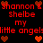 Red pixelated text and brown heart icons on black background, repeating 'Shannon & Shannon Shelbe my little angel' with animated heart changes.