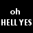 Pixelated text on black background with white and red lettering, displaying 'oh', 'HELL YES', 'i'm a nervous wreck' in distinct sections.