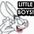 Pixelated grayscale cartoon character with pink accents, holding a black rectangular sign reading 'LITTLE BOYS!' in white block letters.
