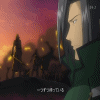Animated sequence showing a silver-haired character in profile against a sunset battlefield with silhouetted figures and glowing lights, Japanese text at bottom.