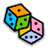Five pixelated dice in blue, green, orange, pink, and light purple with black pips arranged in a loose cluster on white background.