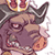 Pixelated static icon of a cartoonish character with dark horns, purple skin, and red eyes wearing golden headgear against a white background.