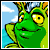 Green cartoon dragon with yellow eyes and orange horns, smiling against a blue sky background. The dragon's expression changes from neutral to surprised as it moves left then right.