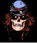 Animated skull with long hair wearing various hats against black background, showing sequential changes in headwear and facial expression.