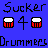 Pixelated blue background icon with black text and two red-and-white drum symbols flanking a central number four.