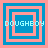 Four square display layered blue and pink squares with 'DOUGHBOY' text in light blue pixelated font across each