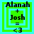 Four identical pixelated icons display "Alanah + Josh = <3" text with layered green and cyan borders on a bright blue background.