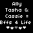 Pixelated text and symbols on black background with two identical side-by-side layouts showing 'Ally Tasha & Cassie = Bffs 4 Life' and four heart icons where the third is grayed.
