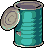 Pixel art of a teal cylindrical can with a gray lid, partially open to reveal a spiral-shaped gray interior against a light gray background.
