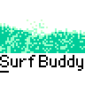 Pixelated animated contact sheet showing a surf-themed buddy icon with repeated text and three distinct poses of the character across frames.