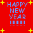 Red background with blue pixelated text reading HAPPY NEW YEAR and multiple yellow starbursts scattered across the image.