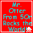 Red square icon with cyan text reading 'Mr. Otter From 50 Or Rocks the World!' and a white pixelated skull on the right side, showing animation changes in text and skull position.