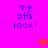 Pixelated text "my bffs rock!" on bright pink and red backgrounds with a star symbol in two positions.