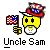 Pixelated yellow smiley face with black eyes and mouth holds a small American flag while wearing a red, white, and blue hat, with text below reading "Uncle Sam".