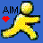 Pixelated yellow figure with outstretched limbs on blue background, displaying 'AIM' text and red heart symbol in left view only.