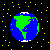 Pixelated animation of a cow in various backgrounds with Earth globes, shooting stars, and text overlays.