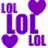 Pixelated 'LOL' text and heart symbols in purple, yellow, blue, green, and cyan arranged across a white background.