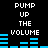 Pixelated text 'PUMP UP THE VOLUME' appears in white on black background with blue audio equalizer bars that change height across frames.