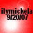 Red background with four identical showing black text 'ilymickela' and '9/20/07' over a bright white circular glow