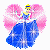 Pixelated cartoon character in blue gown with pink wings, yellow hair, and blue headband, standing against white background.