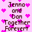 Pixelated text and pink hearts on a light purple background, with repeated phrases 'Jenna and Dan Together Forever' in brown font.