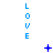 Blue 'LOVE' text in vertical pixelated letters with animated blue symbols appearing and disappearing between
