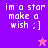 Pixelated text 'im a star make a wish :]' on purple and pink backgrounds with animated stars.