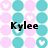 Pixelated of alternating cyan and pink circles with white heart symbols, overlaid with black text reading "Dawn" and "Kylee"