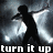 Silhouette of a person singing into a microphone against a blurred background with text overlays reading "turn it up," "turn up the song," and "we come to party."