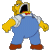 Pixelated cartoon character with yellow skin, blue overalls, white shirt, and brown shoes standing against gray background.
