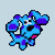 Blue cartoon dog with purple spots in multiple poses including standing, sitting, and lying down with mouth open and closed expressions.