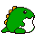 Green pixelated dinosaur with orange spikes on back, black outline, white belly, and circular eye, shown in two sequential poses.