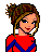 Pixel art of a cheerleader character with brown hair in a bun, red and blue outfit, and red shoes, shown in multiple poses with red text on a blue background.