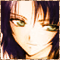 Pixelated anime-style close-up of a character with dark hair and green eyes, rendered in warm tones.