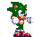 Pixel art of green anthropomorphic hedgehog in red shoes and white gloves, shown across with varying arm positions and head angles against gray background