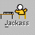 Pixel art animation of a yellow-shirted figure at a desk with a keyboard, performing actions including typing, throwing a ball, and spitting yellow liquid, with 'Jackass' text below.