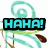 Animated icon with turquoise spiral background and brown leaf-like shapes, displaying sequential text: "HAHA!", then "wait," followed by "what?".